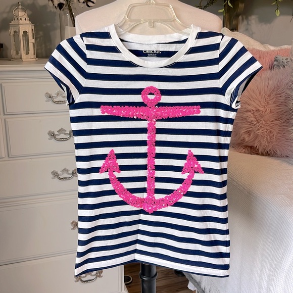 Cherokee Other - Cotton Short Sleeve Top Blue White Striped Pink Sequin Anchor Girls XL